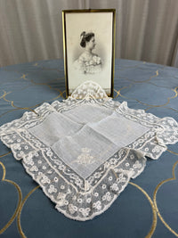 ROYAL Lace Handkerchief with Wedding Monogram MIR, from the estate of Duchess Maria Immakulata of Württemberg, born Archduchess of Austria, 1900