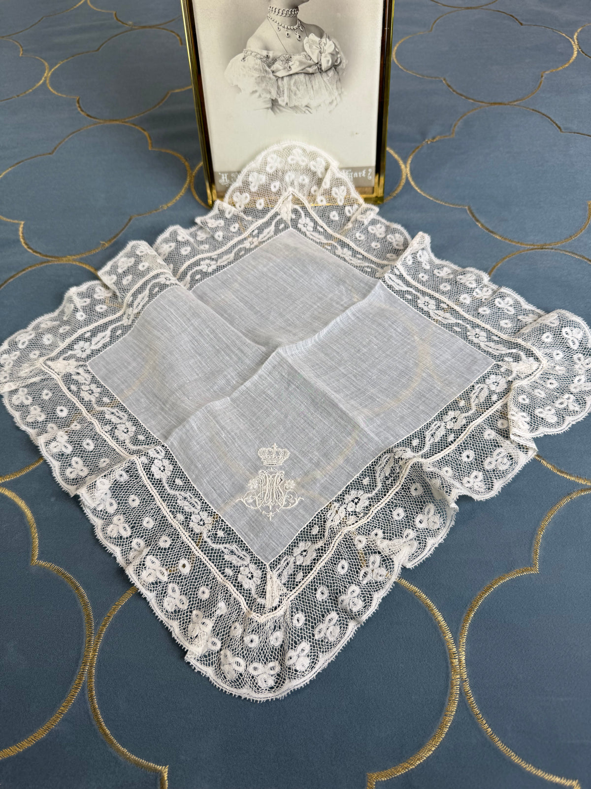 ROYAL Lace Handkerchief with Wedding Monogram MIR, from the estate of Duchess Maria Immakulata of Württemberg, born Archduchess of Austria, 1900