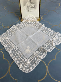 ROYAL Lace Handkerchief with Wedding Monogram MIR, from the estate of Duchess Maria Immakulata of Württemberg, born Archduchess of Austria, 1900