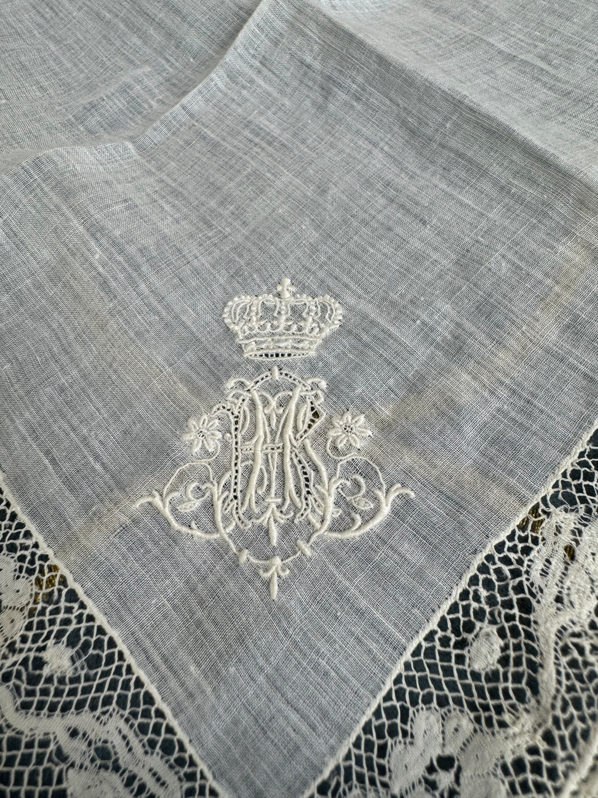 ROYAL Lace Handkerchief with Wedding Monogram MIR, from the estate of Duchess Maria Immakulata of Württemberg, born Archduchess of Austria, 1900