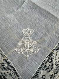 ROYAL Lace Handkerchief with Wedding Monogram MIR, from the estate of Duchess Maria Immakulata of Württemberg, born Archduchess of Austria, 1900