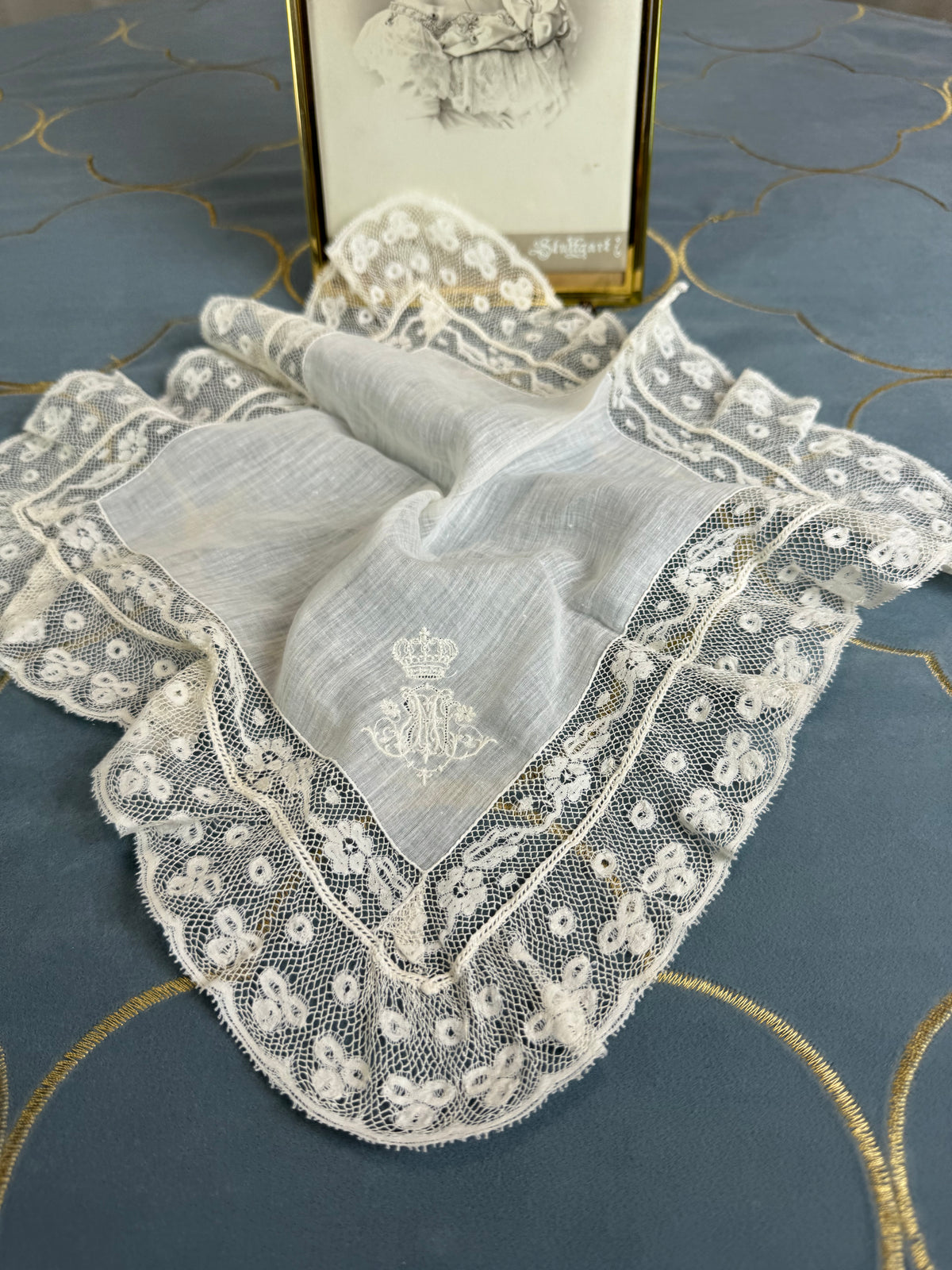 ROYAL Lace Handkerchief with Wedding Monogram MIR, from the estate of Duchess Maria Immakulata of Württemberg, born Archduchess of Austria, 1900