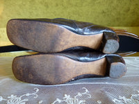 Black Glacé Kid Slippers, pink silk, ca. 1855-1865