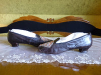 Black Glacé Kid Slippers, pink silk, ca. 1855-1865