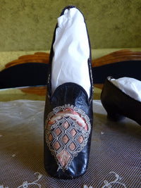Black Glacé Kid Slippers, pink silk, ca. 1855-1865