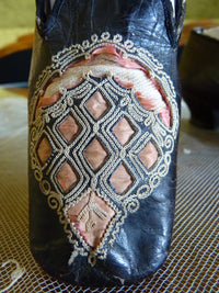 Black Glacé Kid Slippers, pink silk, ca. 1855-1865